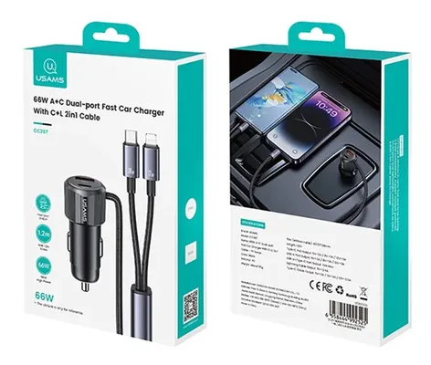 USAMS φορτιστής αυτοκινήτου CC287 με 2 σε 1 καλώδιο, USB/USB-C θύρες, 66W, μαύρος
