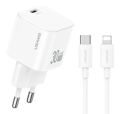 USAMS φορτιστής τοίχου CC262 με καλώδιο Lightning, 30W, GaN, λευκός