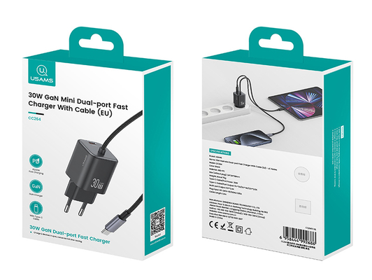 USAMS φορτιστής τοίχου CC264 με καλώδιο, USB-C, 30W, GaN, μαύρος