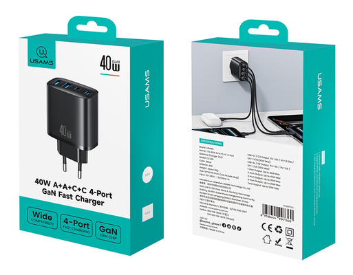 USAMS φορτιστής τοίχου CC330, 2x USB & 2x USB-C, 40W, GaN, μαύρος