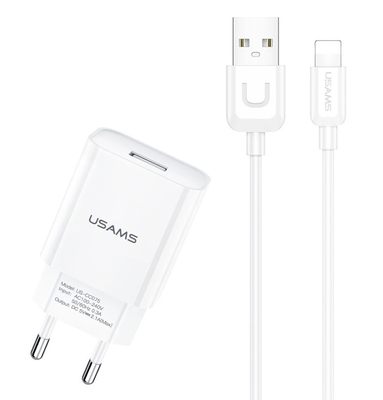 USAMS φορτιστής τοίχου T21OCLN01 με καλώδιο Lightning, USB 2.1A, λευκός