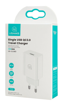 USAMS φορτιστής τοίχου T22, 1x USB, QC3.0 18W 3A, λευκός