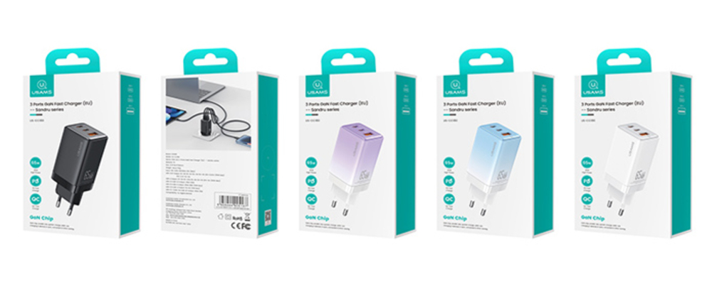 USAMS φορτιστής τοίχου US-CC180, USB & 2x USB-C, 65W PD, GaN, μαύρος