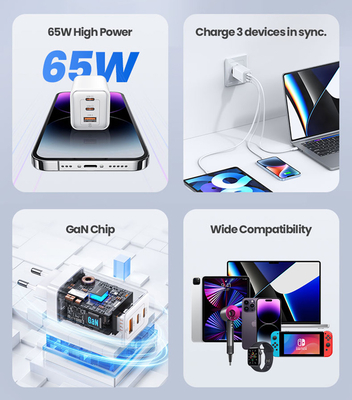 USAMS φορτιστής τοίχου US-CC180, USB & 2x USB-C, 65W PD, GaN, μαύρος