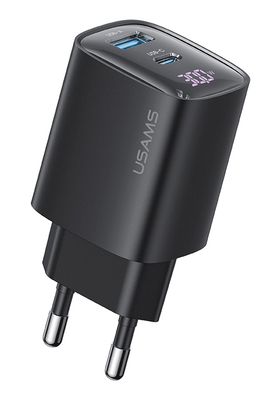 USAMS φορτιστής τοίχου US-CC229, USB & USB-C, 30W, GaN, μαύρος
