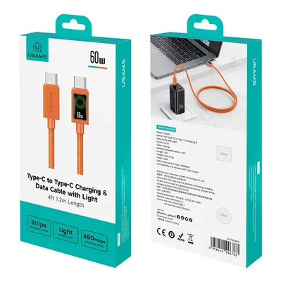 USAMS καλώδιο USB-C SJ773, 60W, 480Mbps, 1.2m, πορτοκαλί