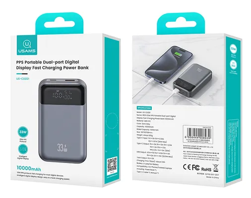 USAMS power bank CD221 με οθόνη, 2x θύρες εξόδου, 10000mAh, PPS 33W, γκρι