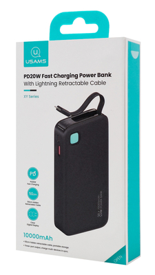 USAMS power bank CD225 με καλώδιο Lightning, 2x θύρες εξόδου, 10000mAh, 20W, μαύρο