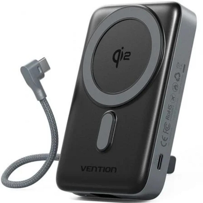 VENTION 10000mAh Magnetic Wireless Power Bank (USB-C + USB-C/USB-C/Wireless) 35W Gray LED Display Type (FKHH0) (VENFKHH0)
