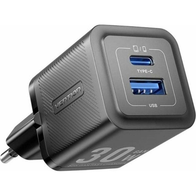 VENTION 2-Port USB (C + A) GaN Charger (30W/30W) EU-Plug Black (FEQB0-EU) (VENFEQB0-EU)
