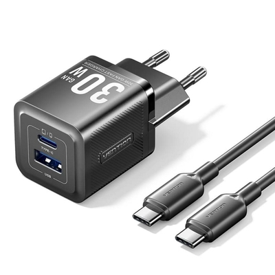 VENTION 2-Port USB (C + A) GaN Charger (70W/22.5W) with 5A USB-C to USB-C Cable (1M) EU-Plug Black (TZ-FCGB0-EU) (VENTZ-FCGB0-EU)