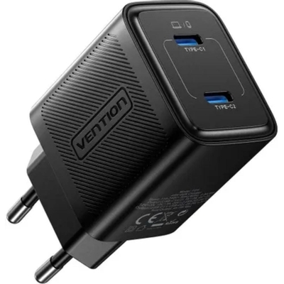 VENTION 2-Port USB (C + C) GaN Charger (45W/45W) EU-Plug Black (FEFB0-EU) (VENFEFB0-EU)