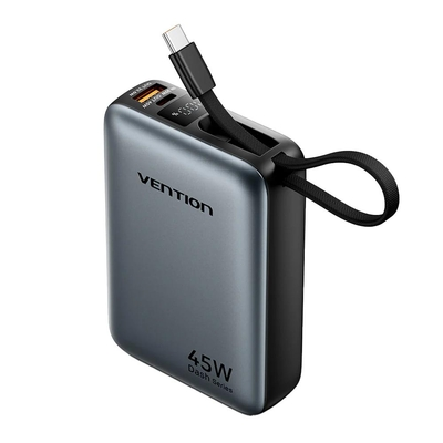 VENTION 20000mAh Mini Power Bank (USB-C + USB-C/USB-A) with Built-in USB-C Cable 45W Gray (FHGH0) (VENFHGH0)