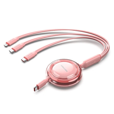 VENTION 3-in-1 USB 2.0 Type-C Male to USB-C Male + USB-C Male + Lightning Male 5A Retractable Cable 1.1M Pink (TRKPBE) (VENTRKPBE)