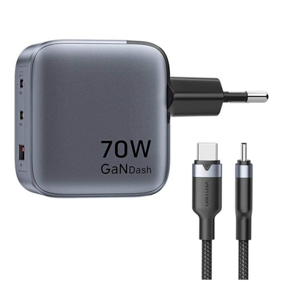 VENTION 3-Port USB (C+C+A) GaN Charger (70W/70W/22.5W) Gray with USB-C to USB-C Cable (1M) Black EU-Plug (TZ-FEXH0-EU) (VENTZ-FEXH0-EU)