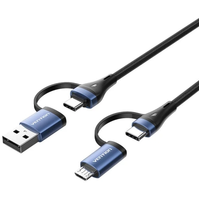 VENTION 4-in-1 Cotton Braided USB 2.0 Type-A Male + USB-C Male to USB-C Male + Micro Type-B Male 5A Cable 1M Blue Aluminum Alloy Type (CTLLF) (VENCTLLF)