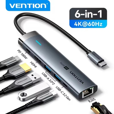 VENTION USB-C to HDMI/USB 3.2 Gen 1 Type-C/USB 3.0*2/RJ45/PD Docking Station 0.15M Gray Aluminum Alloy Type (TGNHB) (VENTGNHB)
