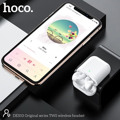 Wireless Hands Free Hoco. DES03 Plus TWS V5.0  350mAh και 3h Ώρες Λειτουργίας Λευκά με Μαύρο Silicon Sleeve