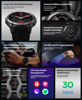 ZEBLAZE smartwatch Vibe 7 Pro, heart rate, 1.43" AMOLED, 3 ATM, ασημί